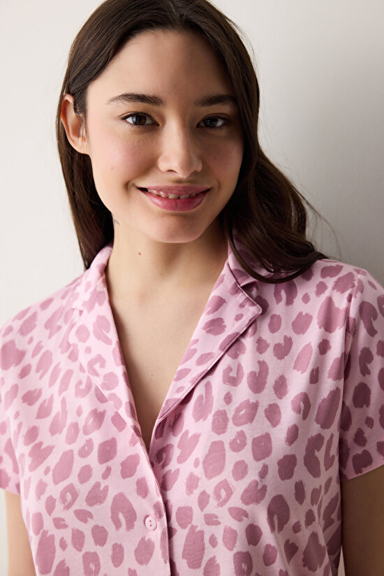 Leopard Pamuklu Gömlek Pantolon Pembe Pijama Takımı - 3