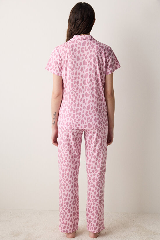 Leopard Pamuklu Gömlek Pantolon Pembe Pijama Takımı - 5