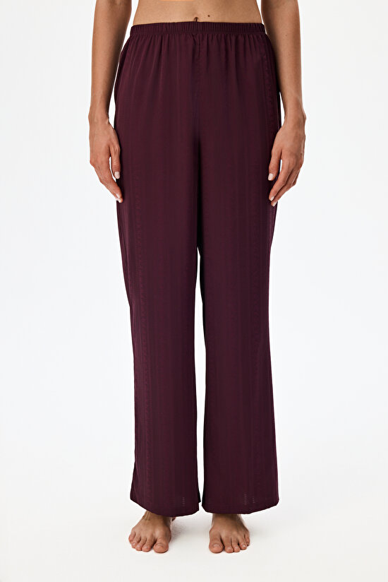 Bordo Aurora Saten Çiçekli Pijama Altı - 1