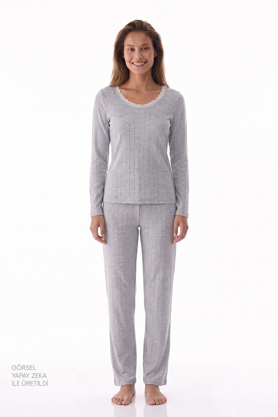 Gri Melanj Dream Soft Uzun Kollu Pantolon Pijama Takımı - 1