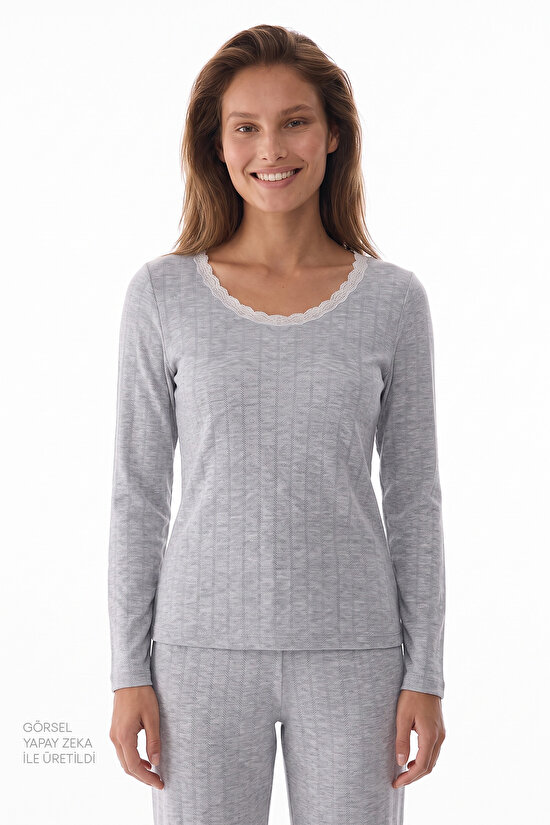Gri Melanj Dream Soft Uzun Kollu Pantolon Pijama Takımı - 2