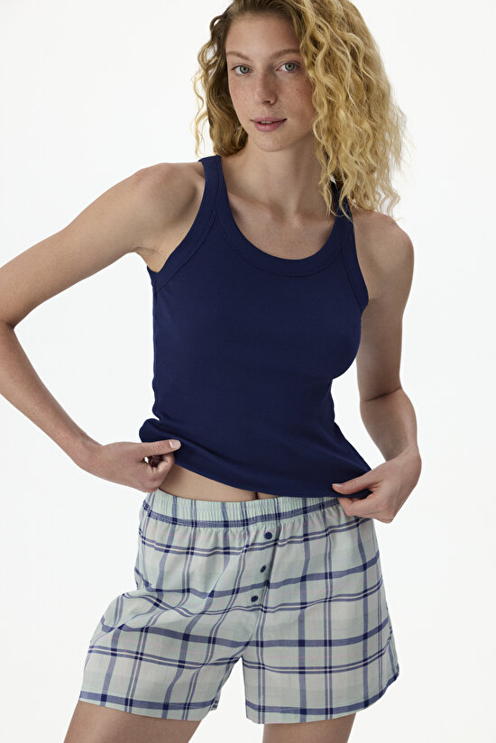 Lacivert Mira Checked  Şort Pijama Takımı - 1