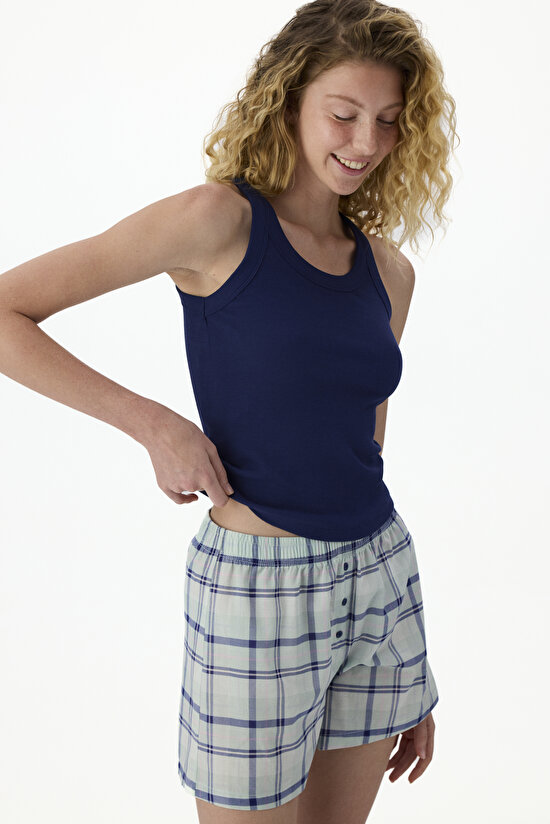 Lacivert Mira Checked  Şort Pijama Takımı - 2