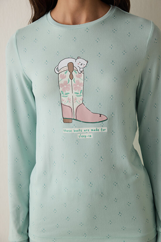 Mint Sleep-In Sloganlı Termal Etkisi Bisiklet Yaka Uzun Kollu Pijama Üstü - 3