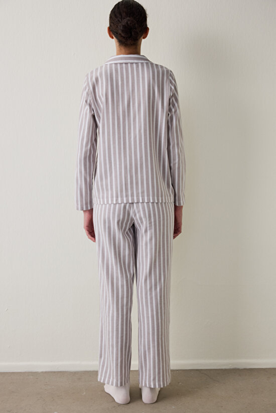 Bej Çizgili Uzun Kollu Pamuklu Gömlek Pantolon Pijama Takımı Bej Çizgili Uzun Kollu Pamuklu Gömlek Pantolon Pijama Takımı - 6