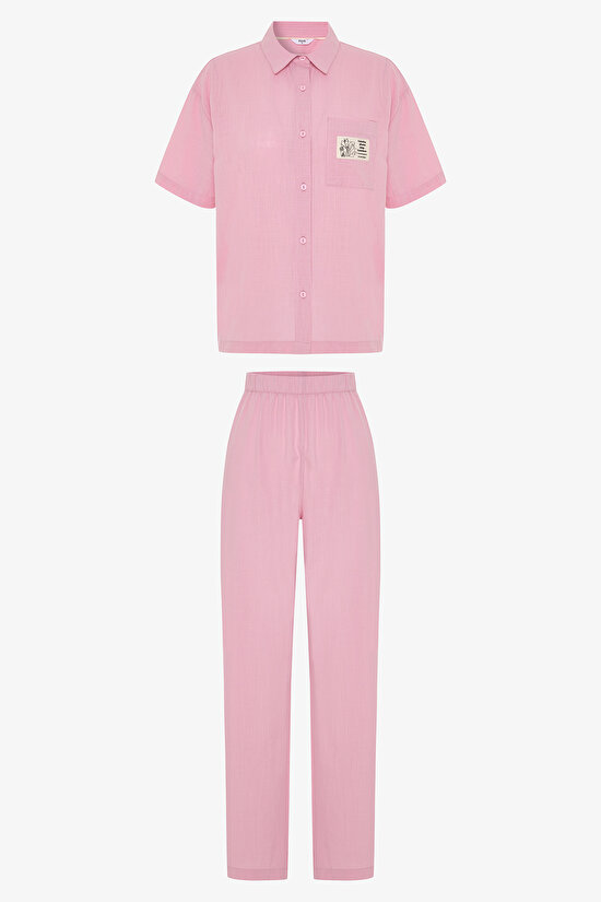 Lila Slogan Baskılı Gömlek Yakalı Kısa Kollu Şortlu Pijama Takımı - 1
