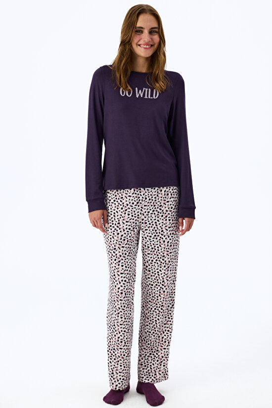 Purple Midnight Mood Slogan Print Long Sleeve Pyjama T-Shirt - 3
