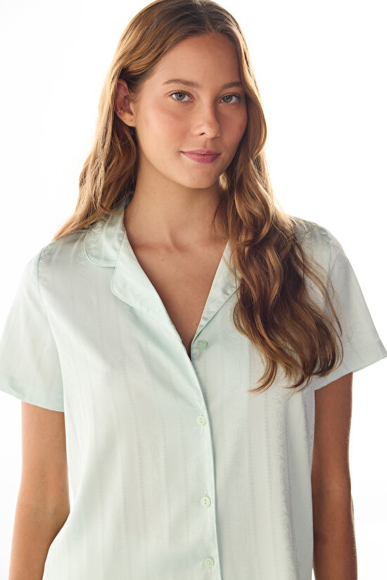 Mint Aurora Satin Floral Short Sleeve Shirt & Trouser Pyjama Set - 2