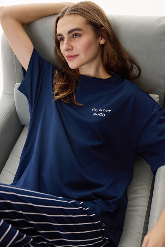 COZY STRIPES SS PANTOL, L, NV27 LACIVERT