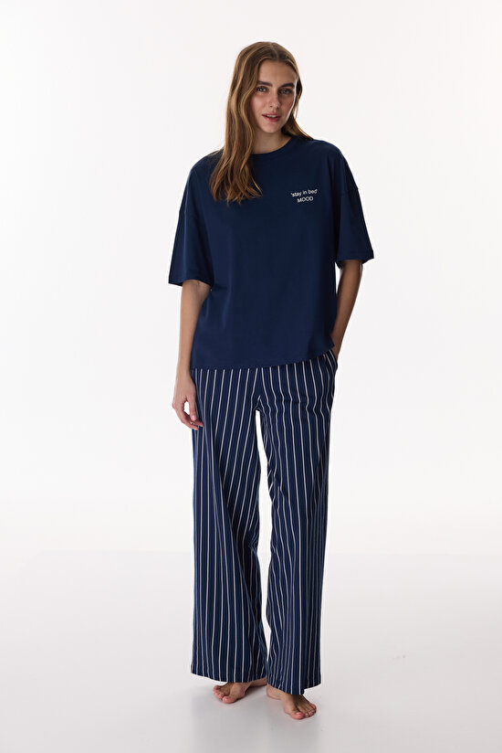 Lacivert Cozy Stripes Pantolon Pijama Takımı - 3