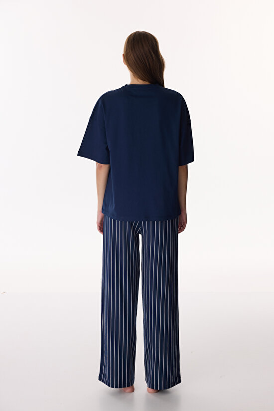 Lacivert Cozy Stripes Pantolon Pijama Takımı - 5