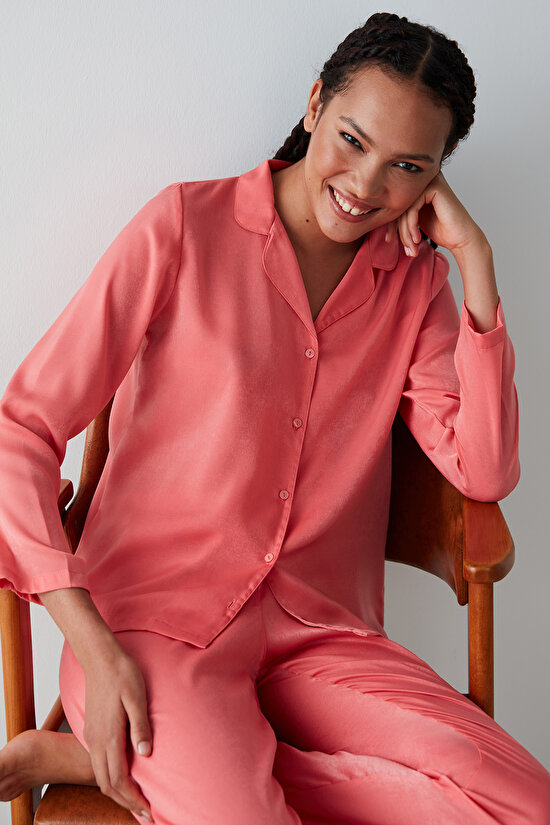 Rosy Saten Gömlek Pantolon Pijama Takımı - 1