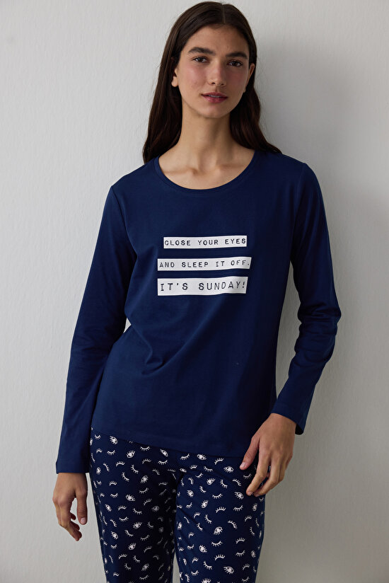Lacivert It's Sunday Pantolon Pijama Takımı - 2