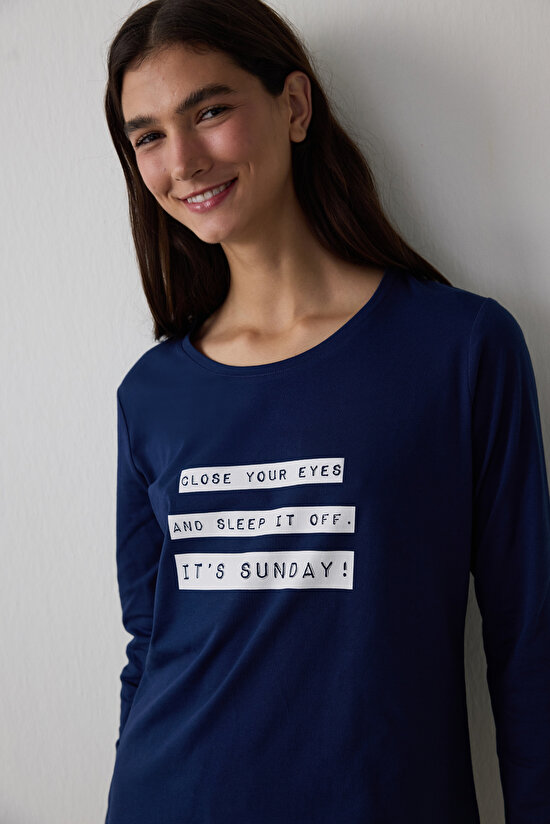 Lacivert It's Sunday Pantolon Pijama Takımı - 3