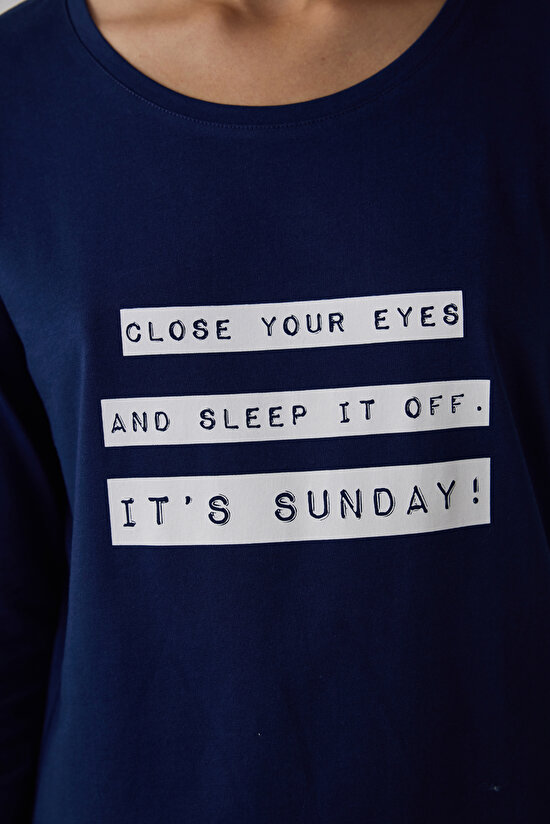 Lacivert It's Sunday Pantolon Pijama Takımı - 4