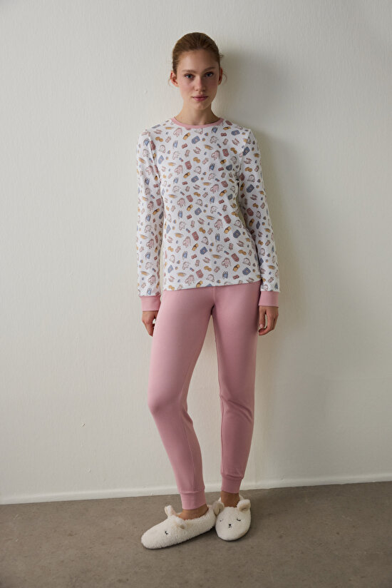 Tea Party Baskılı Bisiklet Yaka Uzun Kollu Pijama Üstü - 3