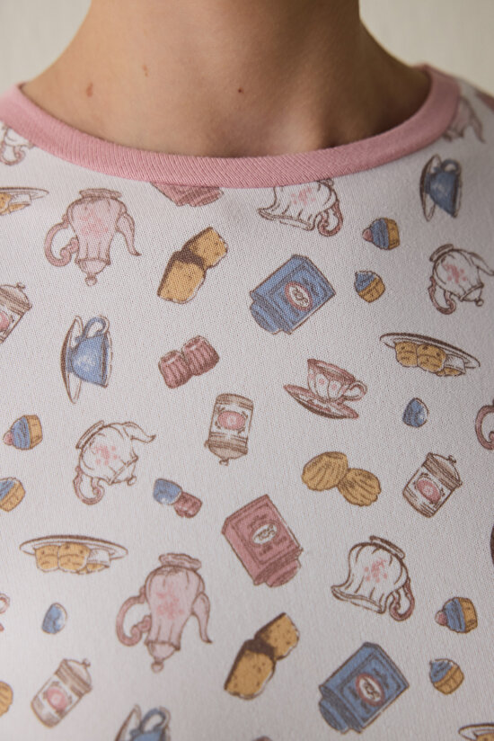 Tea Party Baskılı Bisiklet Yaka Uzun Kollu Pijama Üstü - 4