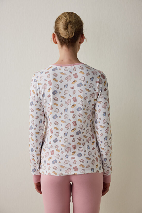 Tea Party Baskılı Bisiklet Yaka Uzun Kollu Pijama Üstü - 5