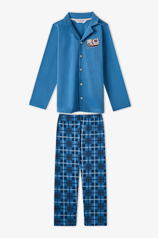 Erkek Çocuk Mavi Book Lovers Ekoseli Pamuklu Uzun Kollu Gömlek Pantolon Pijama Takımı - 1
