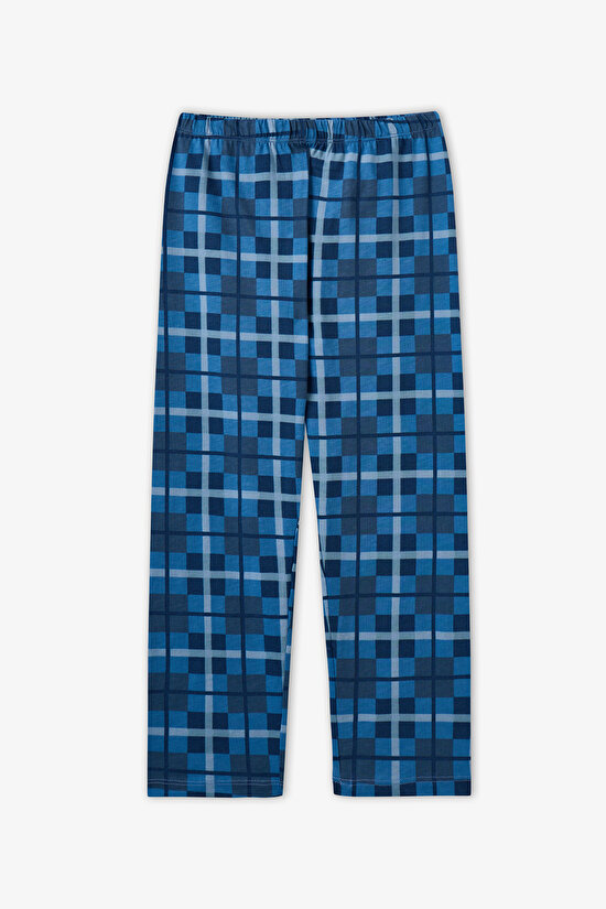 Erkek Çocuk Mavi Book Lovers Ekoseli Pamuklu Uzun Kollu Gömlek Pantolon Pijama Takımı - 3