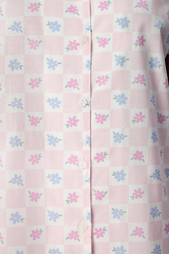 Kırık Beyaz Travel Flowers Pamuklu Gömlek Şortlu Pijama Takımı - 4