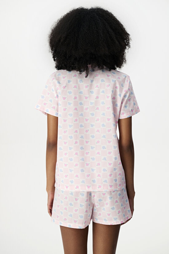Kırık Beyaz Travel Flowers Pamuklu Gömlek Şortlu Pijama Takımı - 5
