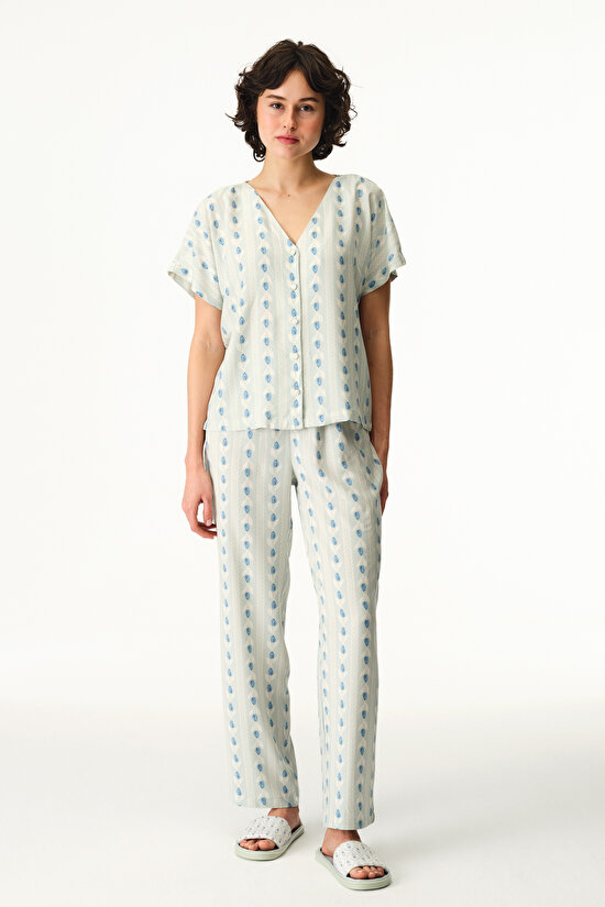 Light Green Serenity Striped Shirt & Pants Pajama Set - 1