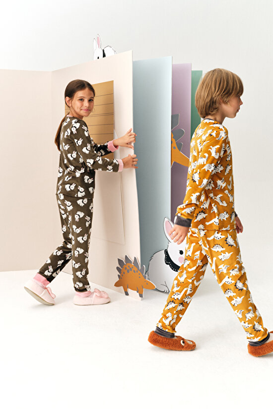 Kız Çocuk Haki Pom Bunny Tef Uzun Kollu Pijama Takımı - 1