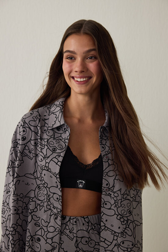 Gri Kuromi Baskılı Uzun Kollu Pamuklu Oversize Gömlek Pijama Takımı - 4