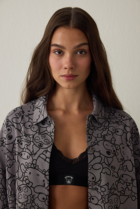 Gri Kuromi Baskılı Uzun Kollu Pamuklu Oversize Gömlek Pijama Takımı - 5