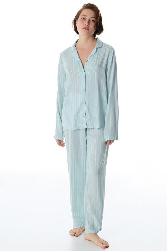 Mint Green Josie Striped Shirt & Pants Pajama Set - 1