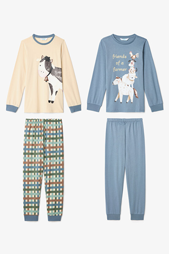 Erkek Çocuk Farm Friends İnek Desenli Pamuklu Uzun Kollu 2'li Pijama Takımı - 3