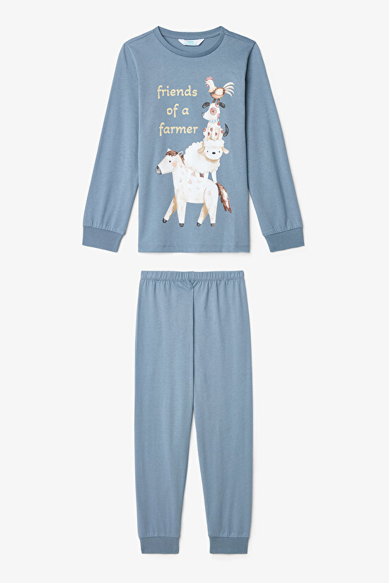 Erkek Çocuk Farm Friends İnek Desenli Pamuklu Uzun Kollu 2'li Pijama Takımı - 7
