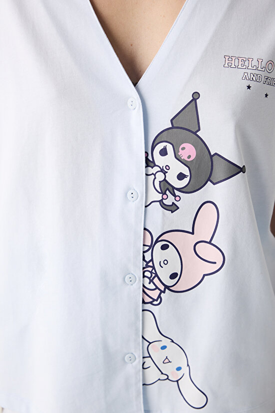 Pamuklu Sanrio Açık Mavi Düğmeli Gömlek Pantolon Pijama Takımı - 3