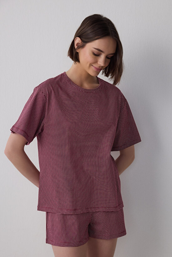 Bordo Freya Ekoseli Bisiklet Yaka Kısa Kollu Şortlu Pijama Takımı - 1