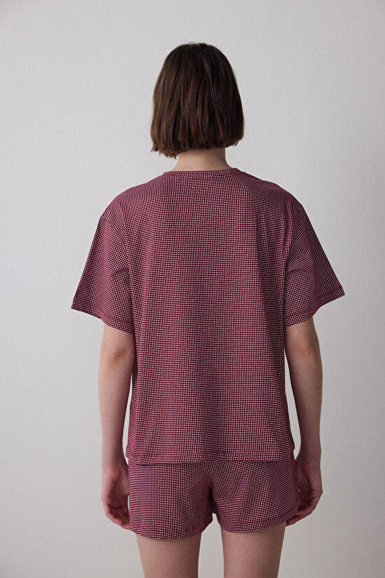 Bordo Freya Ekose Pamuklu Bisiklet Yaka Kısa Kollu Şortlu Pijama Takımı - 3