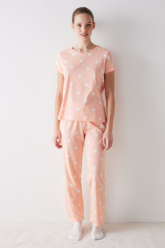 Peach Dotted Pantolon Pijama Takımı - 1