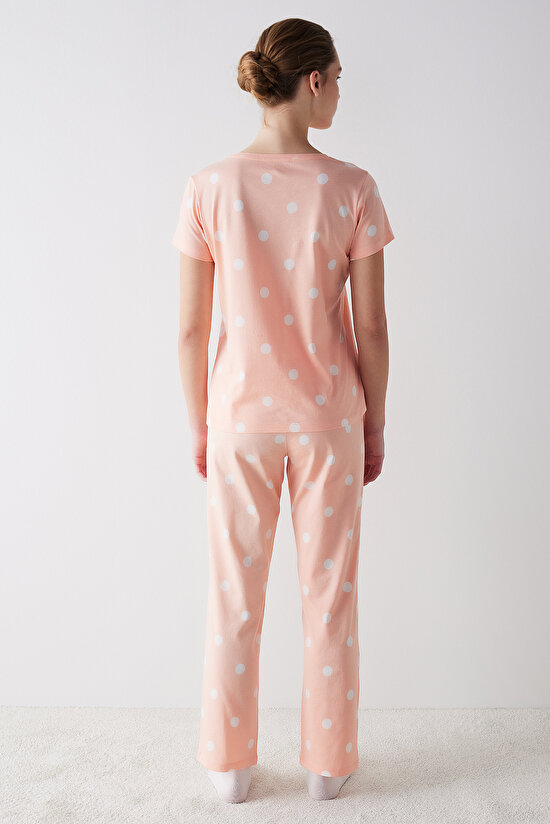 Peach Dotted Pantolon Pijama Takımı - 5