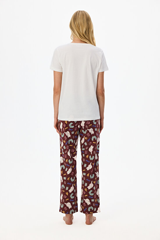 Brown Best Vacation Pantolon Cat Print Short Sleeve Pyjama Set - 3