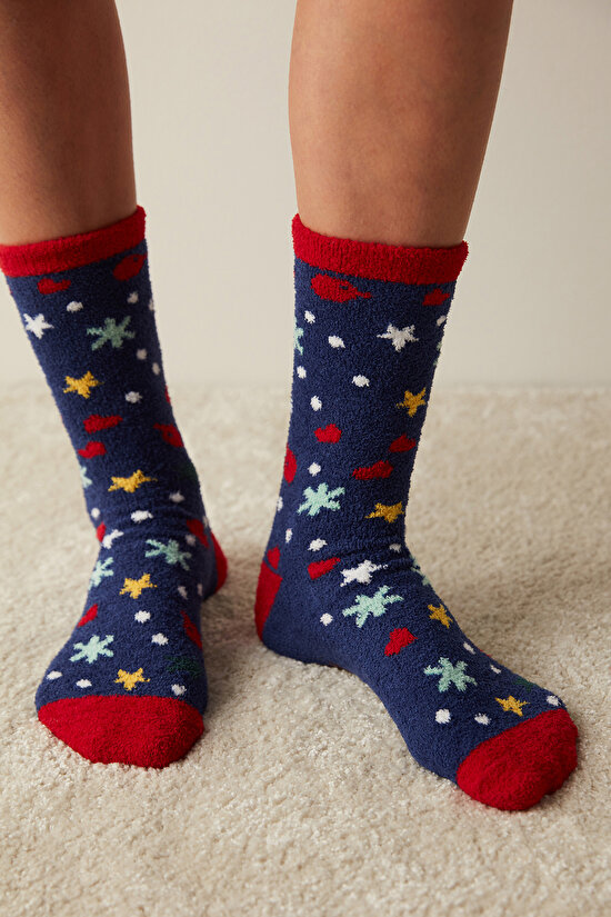 Yeni Yıl  Desenli Lacivert Soket Çorap - 1