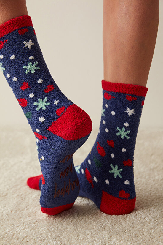 Yeni Yıl  Desenli Lacivert Soket Çorap - 2