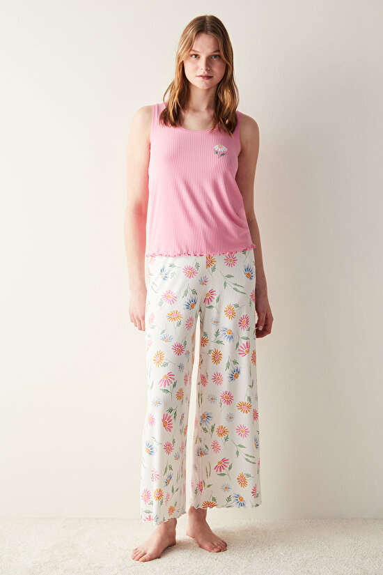 Flora Desenli Kırık Beyaz Pantolon Pijama Altı - 1