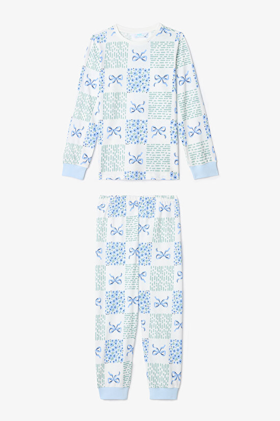 Kırık Beyaz Kız Çocuk Çıtır Çiçek Desenli Uzun Kollu Pamuklu 2'li Pijama Takımı - 5