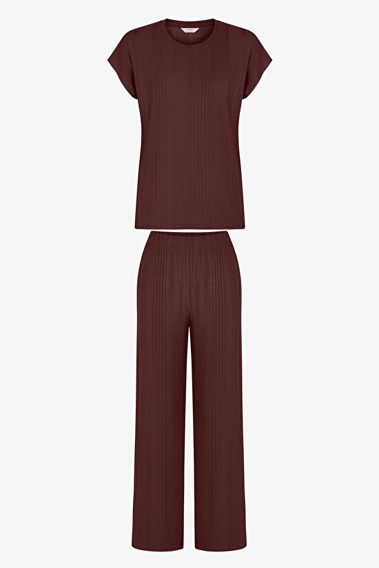 Kahverengi Sleep Mode Fitilli Pantolon Kısa Kollu Pijama Takımı - 1