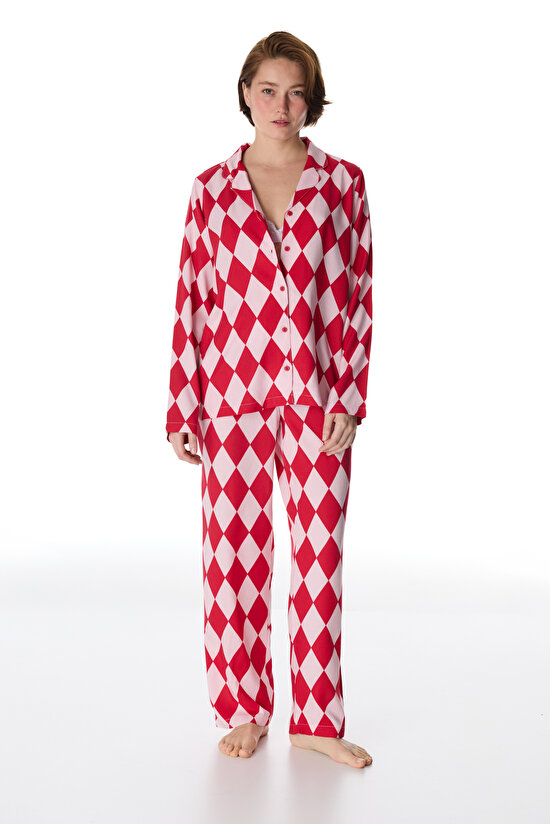 Kırmızı Layla Gömlek Pantolon Pijama Takımı - 3