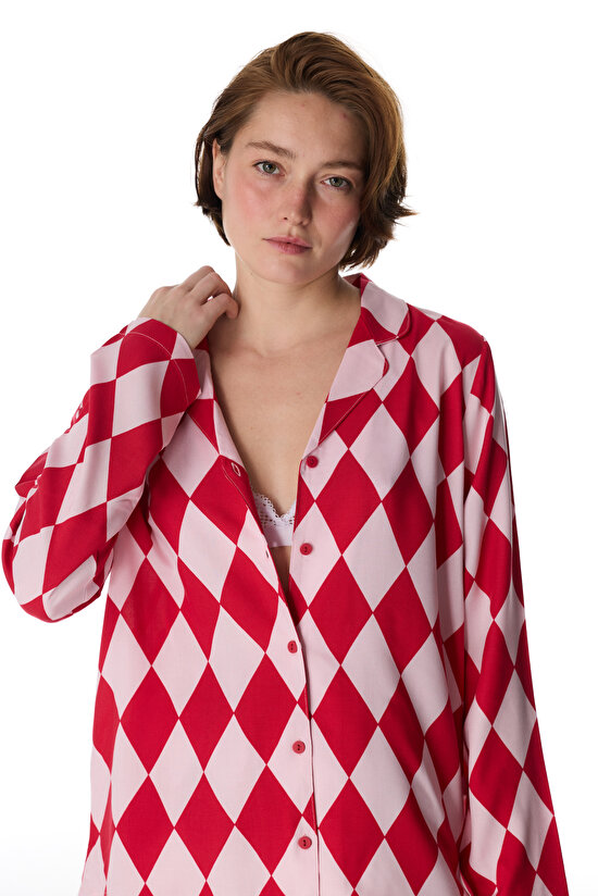 Kırmızı Layla Gömlek Pantolon Pijama Takımı - 4