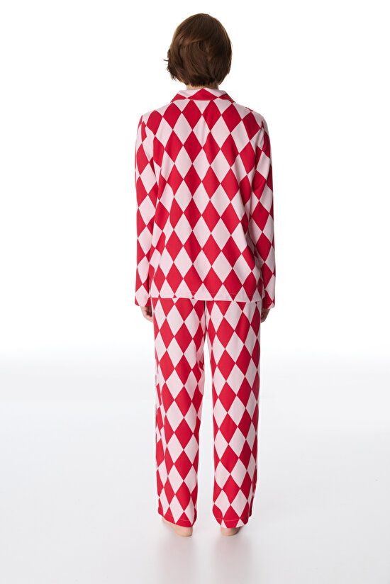 Kırmızı Layla Gömlek Pantolon Pijama Takımı - 6