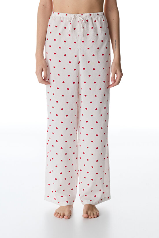 Kırık Beyaz Red Hearts Pantolon Pijama Altı - 1