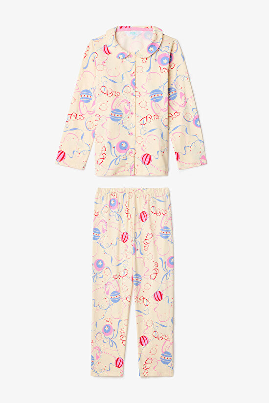 Cream Girls Circus Patterned Buttoned Long Sleeve Pajama Set - 3