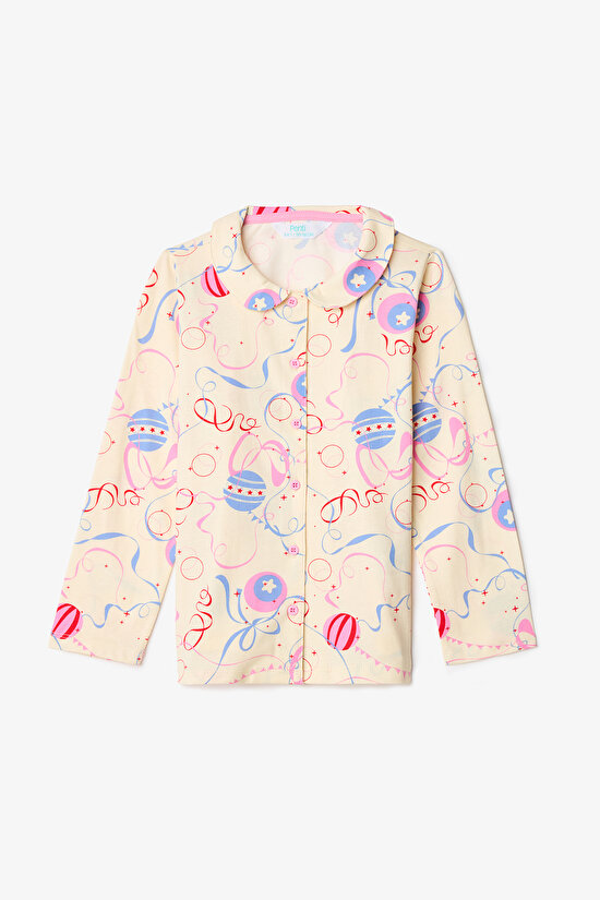 Cream Girls Circus Patterned Buttoned Long Sleeve Pajama Set - 4